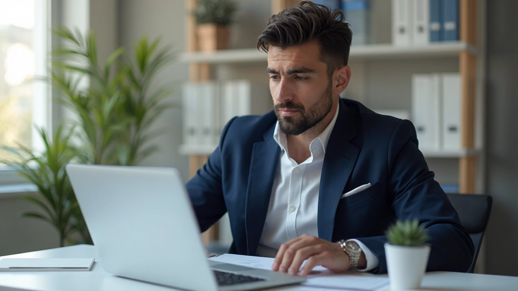 Profissional analisando relatório de investimento em escritório moderno