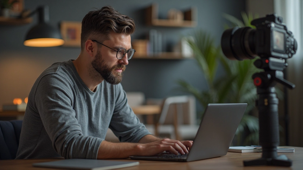 Criador de conteúdo digital desenvolvendo curso online em estúdio profissional