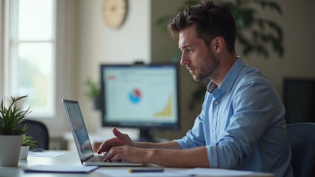 Profissional analisando dados de marketing de afiliados em laptop moderno