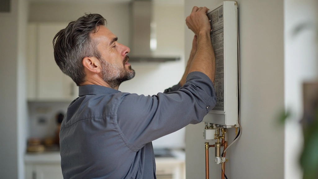 Proprietário inspecionando sistema de aquecimento em cozinha moderna de propriedade de aluguel