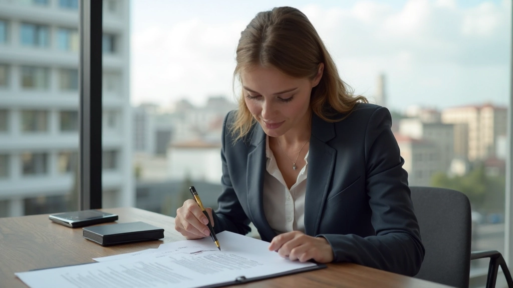 Professional property manager reviewing rental property documents in modern office